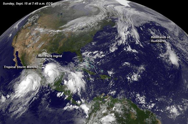 THREE SYSTEMS. A NASA satellite image taken September 15, 2013 shows three weather systems: (L-R) Tropical Storm Manuel, Hurricane Ingrid, and the remnants of storm Humberto. Image courtesy NASA