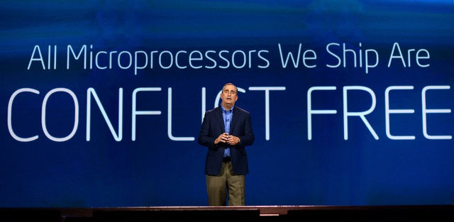 CONFLICT-FREE. Intel CEO Brian Krzanich announced that in 2014, the minerals used to make Intel microprocessors will be conflict-free. Ethan Miller/Getty Images/AFP