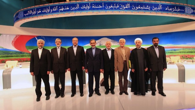 TV DEBATE. Iranian presidential candidates pose for a group photo after their live debate on state TV in Tehran on May 31, 2013. Photo by Mehdi Dehghan/AFP