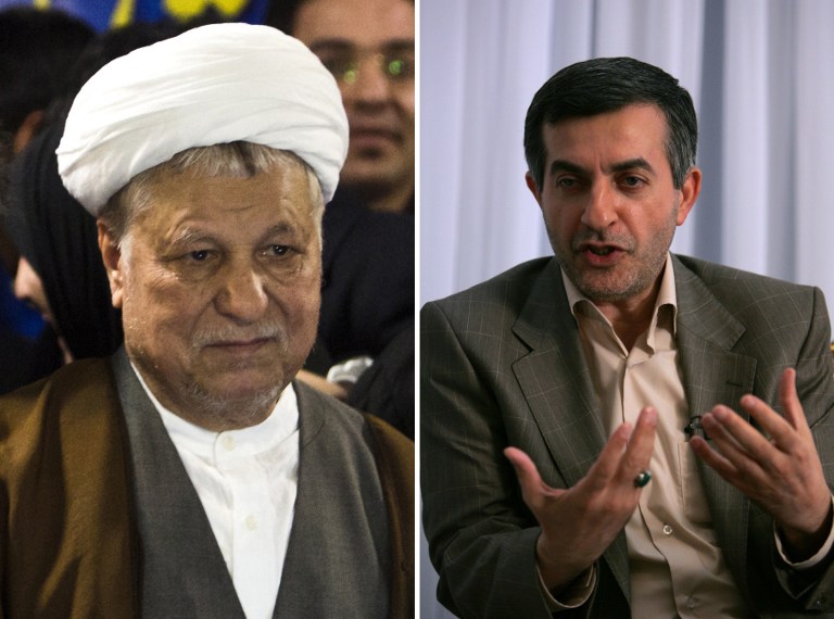 A combo of pictures shows former Iranian president Akbar Hashemi Rafsanjani (L) arriving to register his candidacy for the upcoming presidential election at the interior ministry in Tehran on May 11, 2013 and the former Head of the Iran's presidential office, Esfandyar Rahim Mashaie, speaking during an interview with AFP in Tehran in October 2009. Both Rafsanjani and Mashaie, two of the principle candidates for Iran's June 14 presidential elections, have been barred from standing in the election, state television announced on May 21, 2013, citing the interior minister. AFP PHOTO/BEHROUZ MEHRI