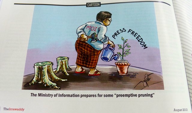 An editorial cartoon of The Irrawaddy newsmagazine in August on the controversy surrounding the Ministry of Information's printing and publishing enterprise bill. Photo by Rappler/Ayee Macaraig, 2013 SEAPA Fellow