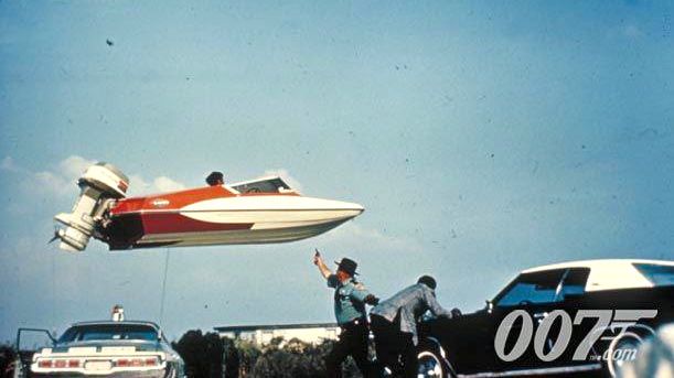 LIVE AND LET DIE. A 'flying' speedboat in the 1973 Bond film. Image from the James Bond 007 Facebook page