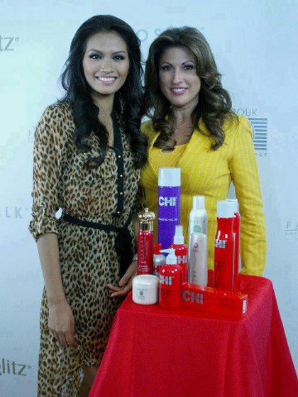 Janine with a representative from CHI haircare products. She and Miss Cayman Islands Lindsay Japal were chosen to do a special shoot for the brand. Photo from the Janine Mari Raymundo Tugonon Facebook page