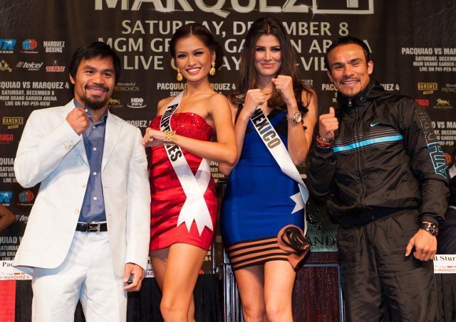 Miss Philippines and Miss Mexico at the final press conference of the Pacquiao VS Marquez 4 fight last December 6 at the MGM Grand. Photo courtesy of the Miss Universe Organization LP, LLLP 