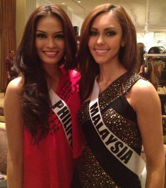 FRIENDLY COMPETITION. Miss Philippines Janine Tugonon with Miss Malaysia Kimberley Leggett. Photo posted on the Janine Mari Raymundo Tugonon Facebook page