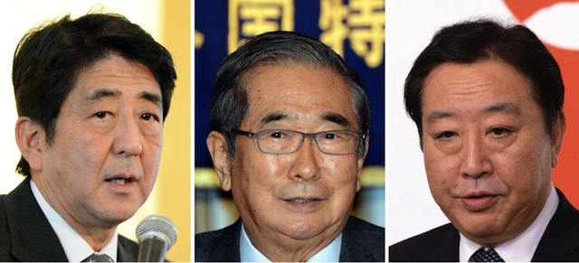 POLLS. (From left) president of the main opposition Liberal Democratic Party (LDP) Shinzo Abe (L); ex-Tokyo governor and head of the Japan Restoration Party, Shintaro Ishihara; and Japanese Prime Minister and re-elected ruling Democratic Party of Japan (DPJ) leader Yoshihiko Noda. AFP File Photo