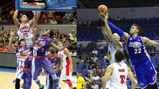 TOWERS OF POWER. Japeth Aguilar (L) and June Mar Fajardo (R) lead their teams to the top of the standings. Photo by Nuki Sabio/PBA Images