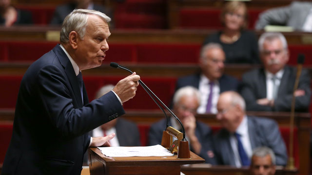 French Prime Minister Jean-Marc Ayrault delivers a speech to members of parliament about possible military action against Syria at the French National Assembly in Paris, France. Photo by Christophe Caraba/EPA