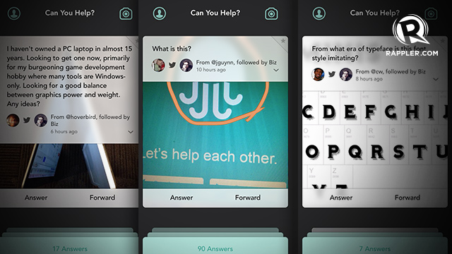 GETTING AND GIVING HELP. The Jelly app aims to make users aware that others are in need of help, and they have the power to give aid. 
