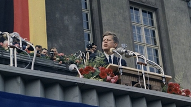 'ICH BIN EIN BERLINER.' US President John F. Kennedy addresses the gathered crowd at the Rudolph Wilde Platz in Berlin, Germany, June 26, 1963. Photo by the US Army Signal Corps photo by PFC Wolf, 69th Signal Co, courtesy of the John F. Kennedy Library, Boston