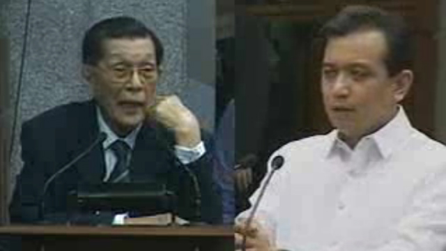 'LACKEY' VS 'NOVATO.' Enrile and Trillanes trade barbs over Camarines Sur and China. Screenshot from Senate livestream 