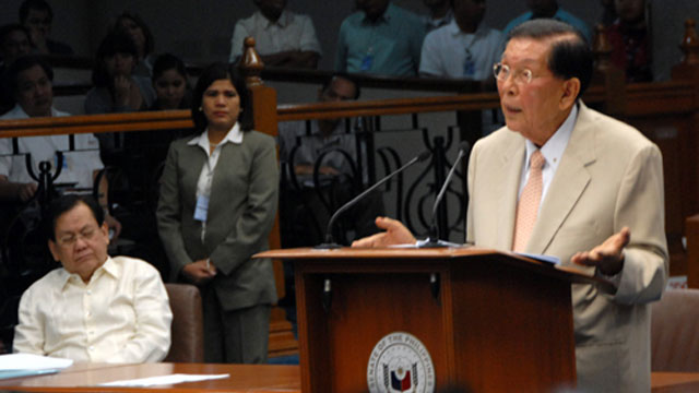 'BITTER HATER.' Senate Minority Leader Juan Ponce Enrile devotes his 30-minute privilege speech to denying Santiago's allegations and personally attacking her. Photo by Joe Arazas/Senate Photo Release