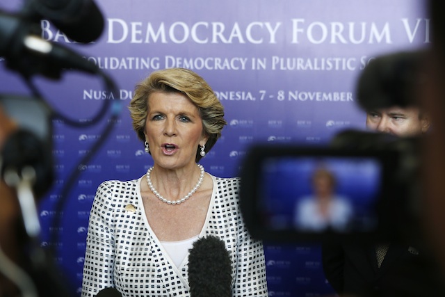 OFF TO INDONESIA, CHINA. In this file photo, Australian Foreign Minister Julie Bishop talks to media at the sixth Bali Democracy Forum in Nusa Dua, Bali, Indonesia, 08 November 2013. EPA/Made Nagi