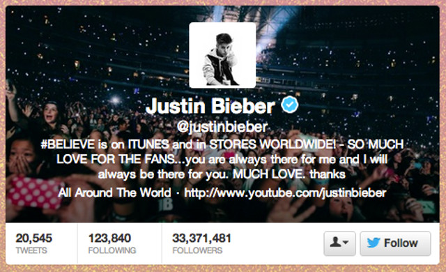 Screen shot from the Justin Bieber Twitter page