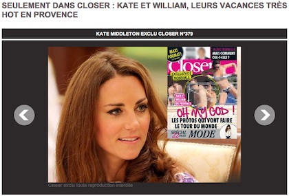 Screenshot from the Closer magazine website inviting readers to buy their next issue, touting a "world exclusive" of photos of the Duchess of Cambridge topless.