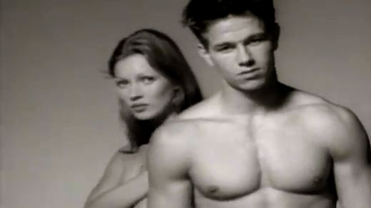 ON THE BRINK. Kate Moss in a 1992 video of the Calvin Klein campaign with Mark Wahlberg. Screen grab from YouTube (KraftWorksNYC)