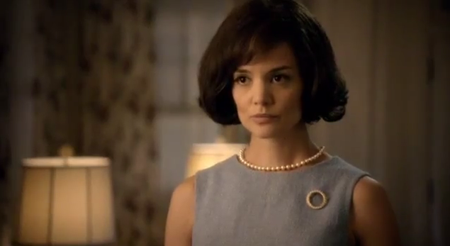 BROKEN-HEARTED, FOR REEL and for real. Katie Holmes as Jackie Kennedy in the 2011 8-part TV movie 'The Kennedys.' Screen grab from YouTube