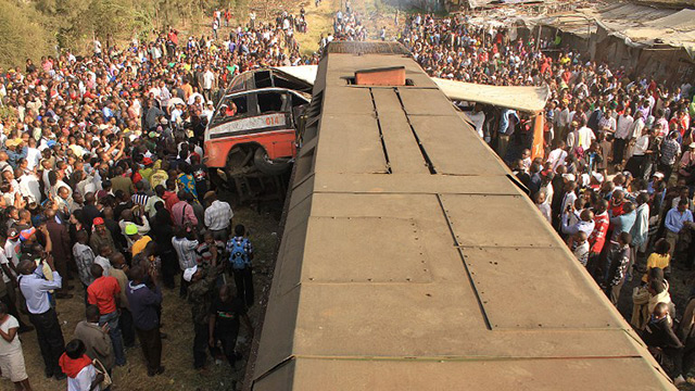 DEADLY CRASH. The train crashed into the side of the bus as it crossed the railway line during the morning rush hour in Nairobi. Photo from Agence France-Presse
