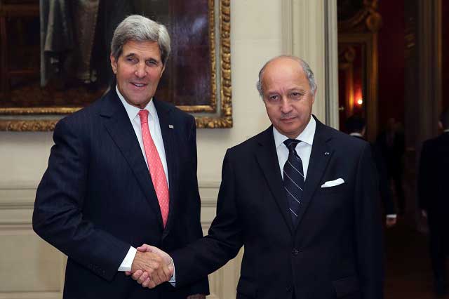 'UNACCEPTABLE'. French Foreign Affairs Minister Laurent Fabius tells US Secretary of State John Kerry that large-scale spying by Americans is "unacceptable". Photo by EPA/PHILIPPE WOJAZER/POOL MAXPPP OUT