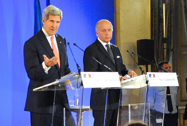 FACING THE MEDIA. US Secretary of State John Kerry and French Foreign Minister Laurent Fabius discuss Syria during a news conference at the French Ministry of Foreign Affairs in Paris, France on September 7, 2013. US State Department photo/ Public Domain