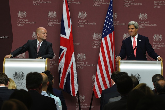 SCENE OF THE 'GAFFE.' US Secretary of State John Kerry delivers remarks with British Foreign Secretary William Hague during a news conference in London, United Kingdom on September 9, 2013. State Department photo/ Public Domain