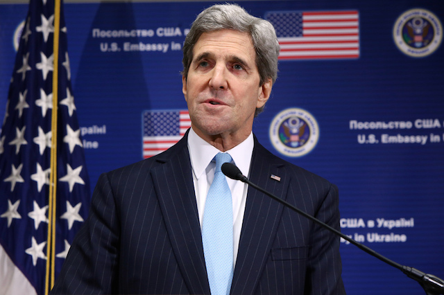 LOW EXPECTATIONS. The US State Department has low expectations on the 4-way meeting in Ukraine next week.  US Statement Department file photo shows Secretary of State John Kerry addressing reporters at the U.S. Embassy in Kiev, Ukraine, on March 4, 2014. 