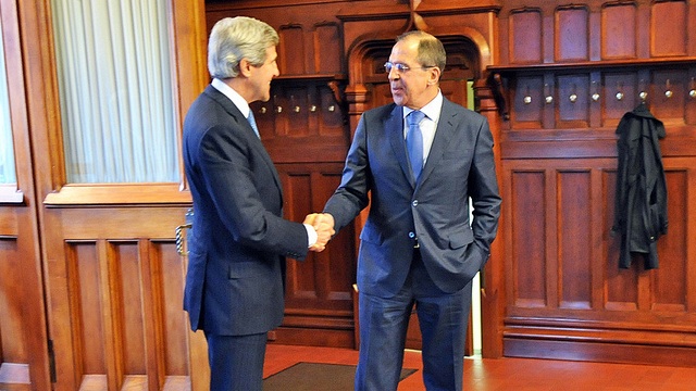 ON AGENDA: SYRIA. U.S. Secretary of State John Kerry shakes hands with Russian Foreign Minister Sergey Lavrov before their meeting at the Russian Ministry of Foreign Affairs' Guesthouse Osobnyak in Moscow, Russia, on May 7, 2013. US State Department photo/ Public Domain