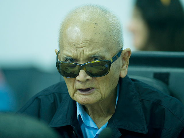 ON TRIAL. Khmer Rouge leader Nuon Chea in the courtroom during the closing statements in the Case 002/01 in Phnom Penh, Cambodia, October 16, 2013. Photo by EPA/Mark Peters