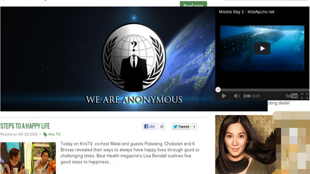 HACKED. Kris Aquino's official website has been hacked ostensibly by the 'hacktivist' group, Anonymous. Screengrab from ABS-CBNNews.com