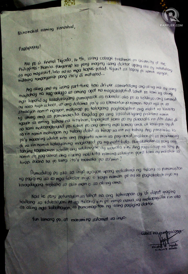 KRISTEL'S LETTER. An appeal for financial assistance before the UP Manila student took her own life, reportedly over failure to pay tuition on time. Photo by Rafael Ligsay