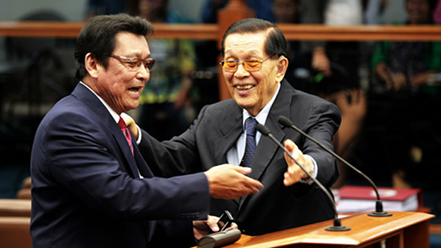 RARE MOMENT. Senate President Juan Ponce Enrile greets Senator Lapid as the latter joined the RH debates for the first time in October 2011. Will Lapid vote for or against the bill? File photo by Joseph Vidal, Senate PRIB 