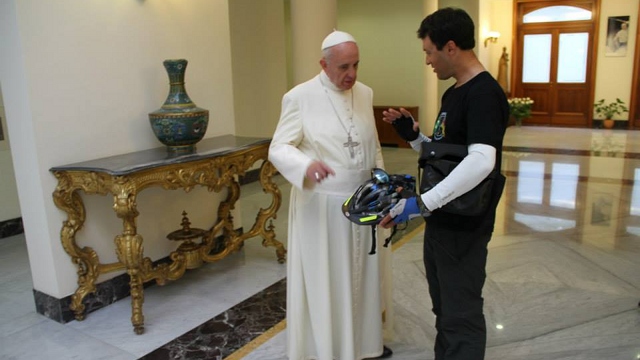 WISH GRANTED. Pope Francis invites and chats with Leandro Martins, a non-Catholic biker who randomly requests a meeting with him. Photo courtesy of Leandro Martins