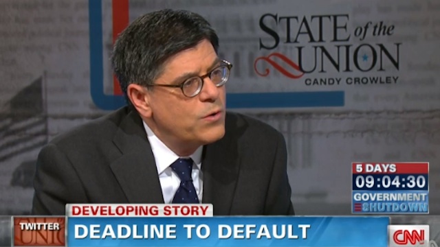 'PLAYING WITH FIRE.' US Treasury Secretary Jack Lew in an interview on CNN's "State of the Union" October 6, 2013. Frame grab courtesy CNN