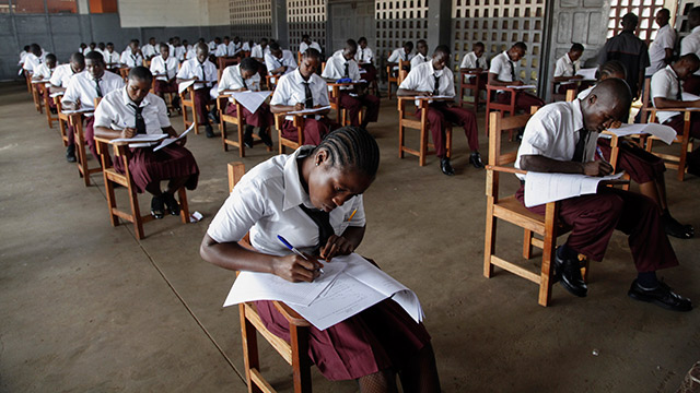 FAILURE. A file photo dated 03 June 2013 shows Liberian students sitting the West Afican Examinations Council (WAEC) exams at G.W. Gibson High School in Monrovia, Liberia. Media reports say 27 August 2013, that all of the around 25,000 students who took the entrance exams for the University of Liberia failed. Photo by EPA/Ahmed Jallanzo
