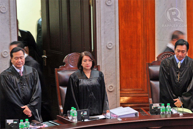 PREMATURE. Chief Justice Maria Lourdes Sereno and other justices in one of their public hearings. File photo by Arcel Cometa 