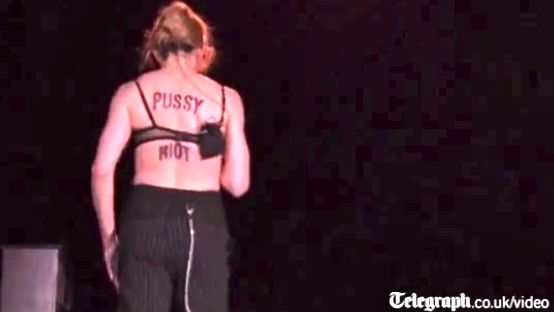 MADONNA WITH 'PUSSY RIOT' on her back at Tuesday's concert. Screen grab from YouTube (telegraphtv)