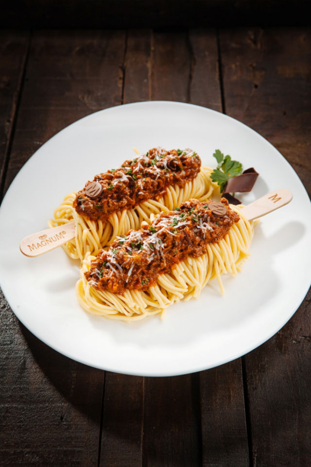 NOT YOUR EVERYDAY SPAGHETTI. Bolognese on sticks with chocolate? Definitely worth a try