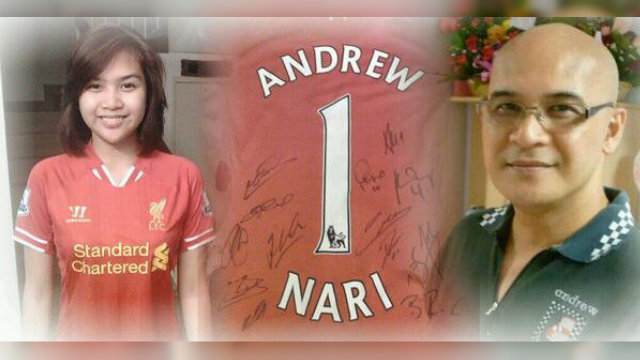 BLESSED. MH370 steward's daughter Maira Nari wears the signed Liverpool kit with her father's name at the back. Photo from Maria's Twitter page