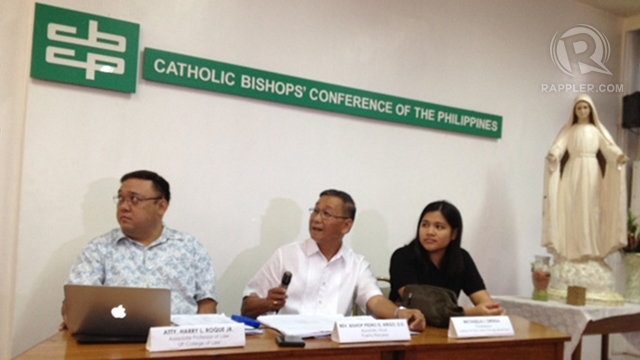 'LOVE MALAMPAYA.' Bishop Pedro Arigo holds a press conference with the Kilusan Love Malampaya at the CBCP office in Intramuros. Photo by Paterno Esmaquel II