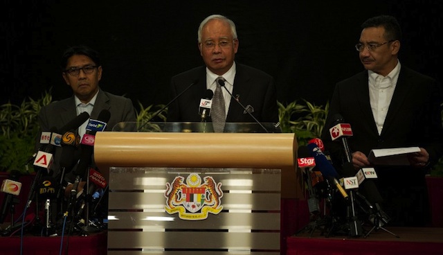 MH370 REPORT. Malaysia is set to release a preliminary report on the missing Malaysia Airlines jet. File photo shows PM Najib Razak at a press conference on the plane’s disappearance in late March. Photo by AFP