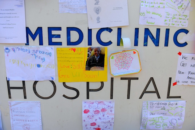 PRAYERS FOR MADIBA. Messages of support at the entrance to the Medi-Clinic Heart Hospital in Pretoria, Gauteng, South Africa, 24 June 2013, where former president Nelson Mandela is believed to be undergoing treatment for a recurring lung infection. Photo by EPA/Stringer