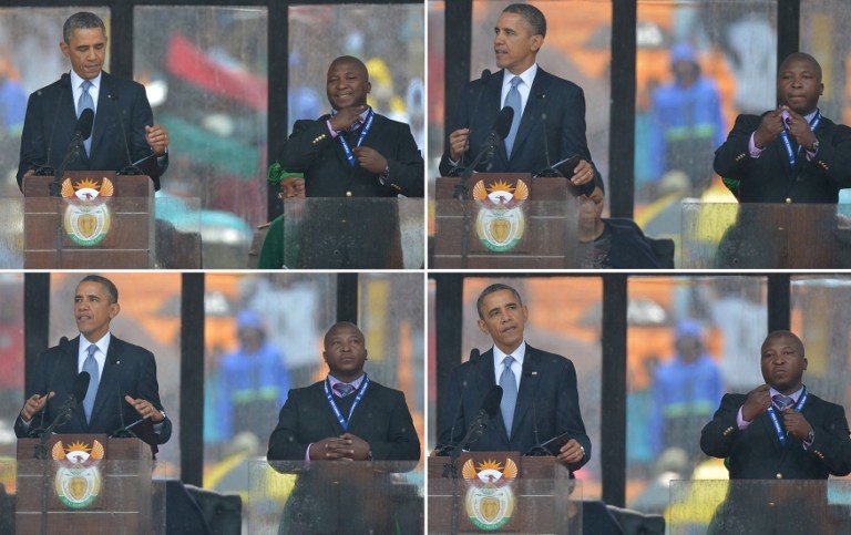'FLAPPING HIS ARMS' In these combination pictures taken on December 10, 2013 US President Barack Obama delivers a speech next to a sign language interpreter (R) during the memorial service for late South African President Nelson Mandela at Soccer City Stadium in Johannesburg. AFP/Alexander Joe