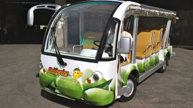 THE MANGO MOBILE. ONE of 3 carts that take visitors around Mango Museum's enormous 17-hectare factory.