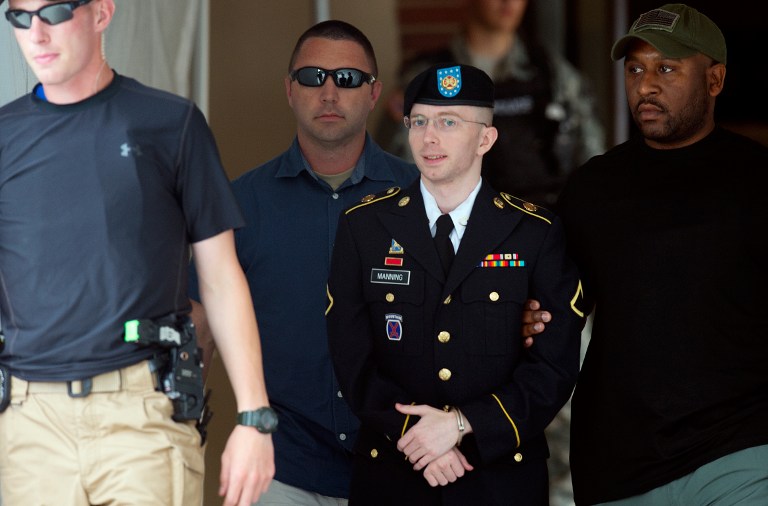 SORRY. In this file photo, US Army Private First Class Bradley Manning leaves a military court facility after hearing his verdict in the trial at Fort Meade, Maryland on July 30, 2013. Photo by AFP/Saul Loeb