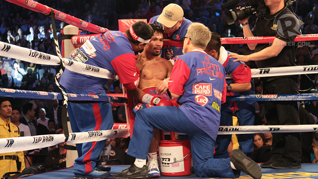 CORNER DECISION. Pacquiao says it was the decision of the corner for him to take it easy in the 12th. Photo by Team Pacquiao / Mike Young