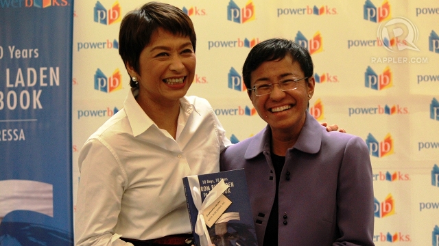 SMILES, TEARS. ABS-CBN journalist Ces Drilon and "Bin Laden to Facebook" author Maria Ressa are all smiles after turning emotional during the book launch when they spoke about the kidnapping of the ABS-CBN news team in 2008. Photo by Hoang Vu 