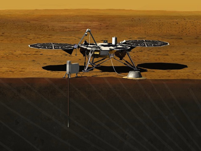Artist rendition of the proposed InSight (Interior exploration using Seismic Investigations, Geodesy and Heat Transport) Lander. Image credit: NASA/JPL-Caltech 