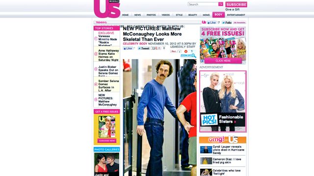 SCARY SKELETAL. A screen shot of the US Weekly story on McConaughey posted November 10