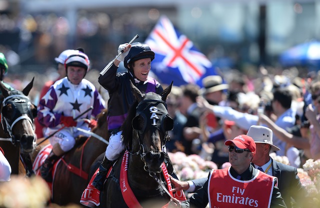 MELBOURNE CUP VICTORY. Damien Oliver celebrates riding Fiorente to victory in race seven, the Emirates Melbourne Cup, at Flemington Racecourse in Melbourne, Australia, 05 November 2013. EPA/Dan Himbrechts