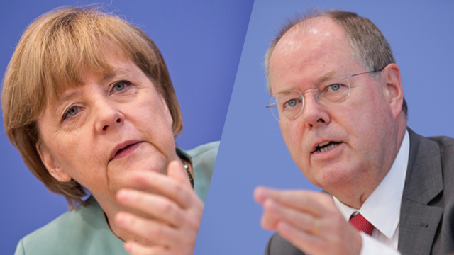 German Chancellor Angela Merkel (L) and chancellor candidate Peer Steinbrueck (R) file photos. Merkel photo EPA/Rainer Jensen; Steinbrueck photo EPA/Michael Kappeler